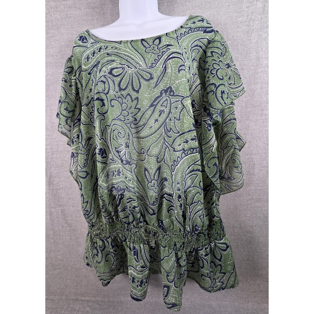 FADED GLORY 3X Vintage Tunic Blouse Smocked Ruffle Bottom Green Blue Paisley